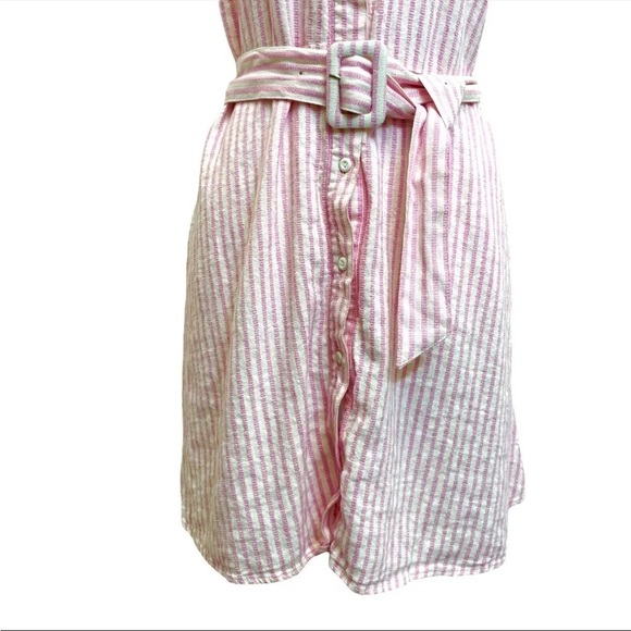 Alexis x Target Linen Blend Pink White Stripe Belted Button Mini Dress - Picture 3 of 12